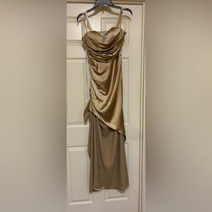 Club L London Champagne Pleated Split Maxi Dress